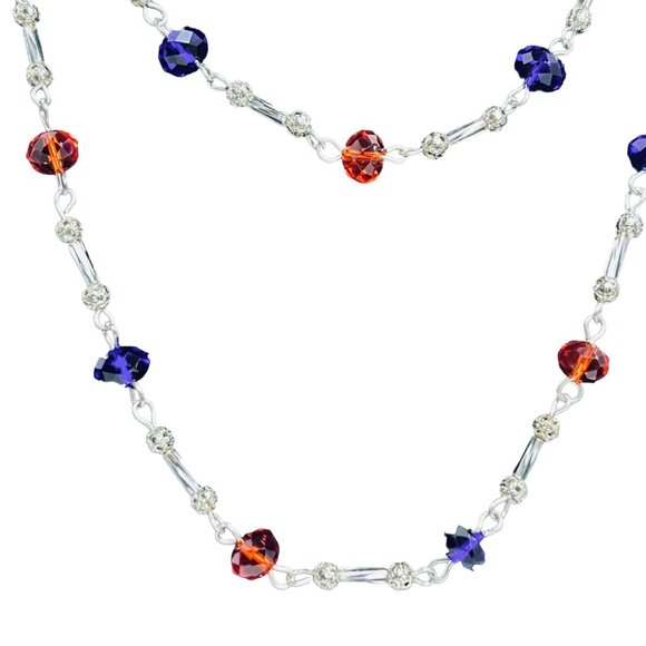 Single Strand Silver Tone With Orange And Blue Beaded Necklace (5481) - Picture 4 of 10